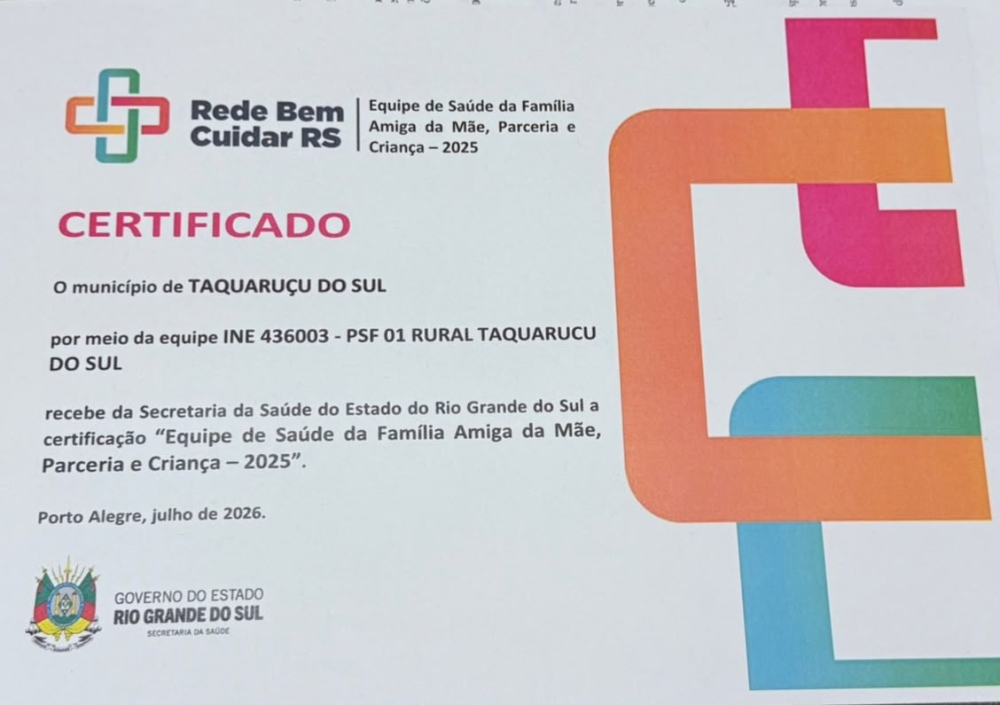 Taquaruçu do Sul conquista certificação estadual da Rede Bem Cuidar RS